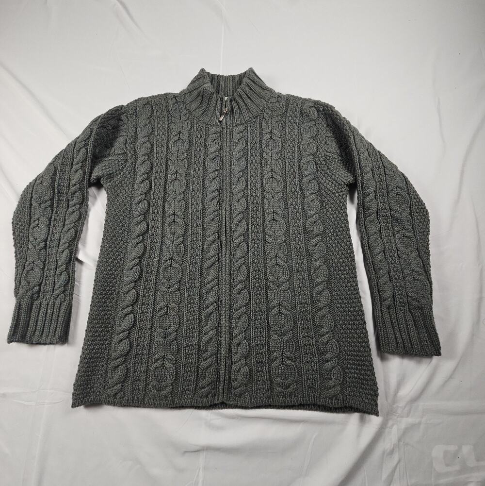 Irish Aran Cable Knit Full Zip Mock Neck Sweater Green Fisherman Wool by Blarney